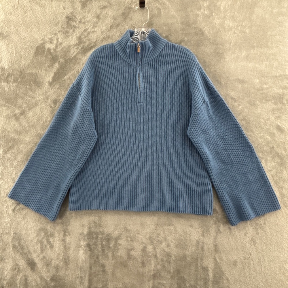Edikted 1/4 Zip Pullover Ribbed Knit Sweater Womens S Blue Cotton Long Sleeve